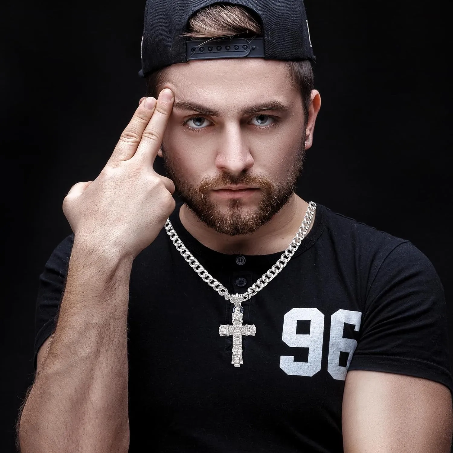 Rhinestones Cuban Link Chain Necklace with CZ Cross Pendant, 20inch Diamond Cuban Link Hip Hop Rapper Jewelry for Men and Women
