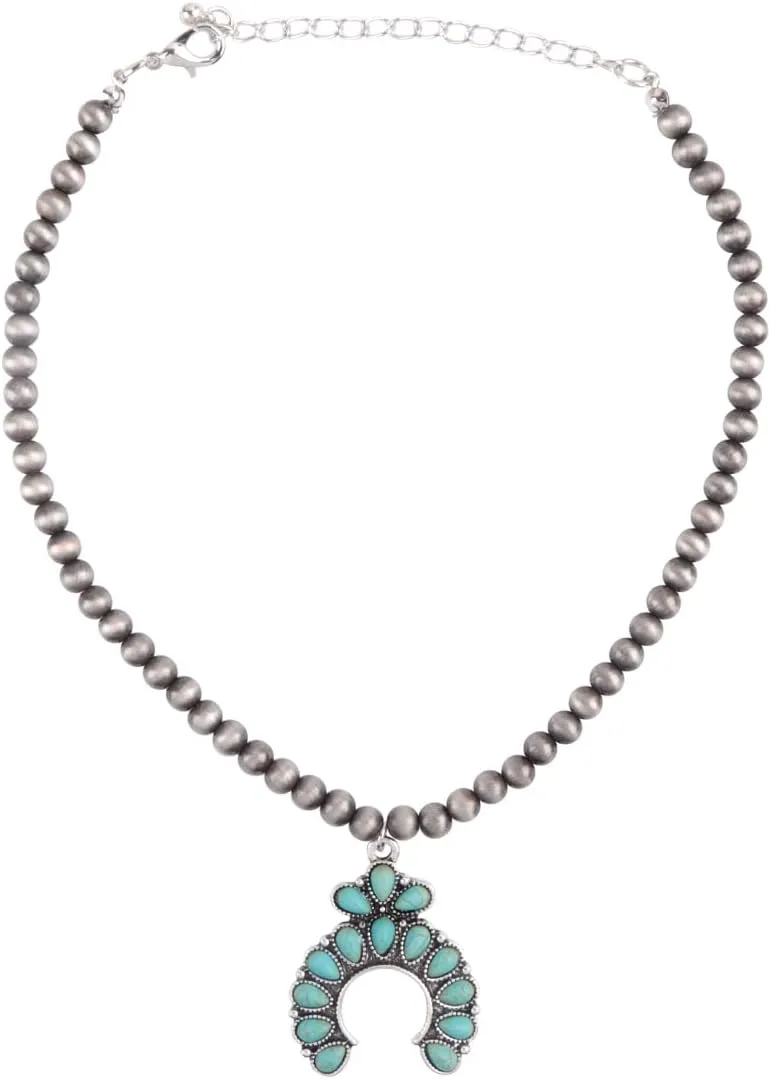 RIAH FASHION Bohemian Beaded Statement Necklace - Multilayered Natural Stone Mixed Beads, Western Concho Pendant