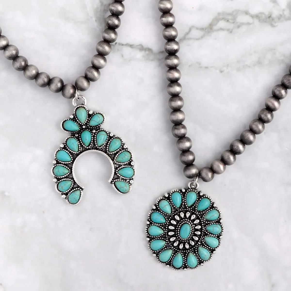 RIAH FASHION Bohemian Beaded Statement Necklace - Multilayered Natural Stone Mixed Beads, Western Concho Pendant