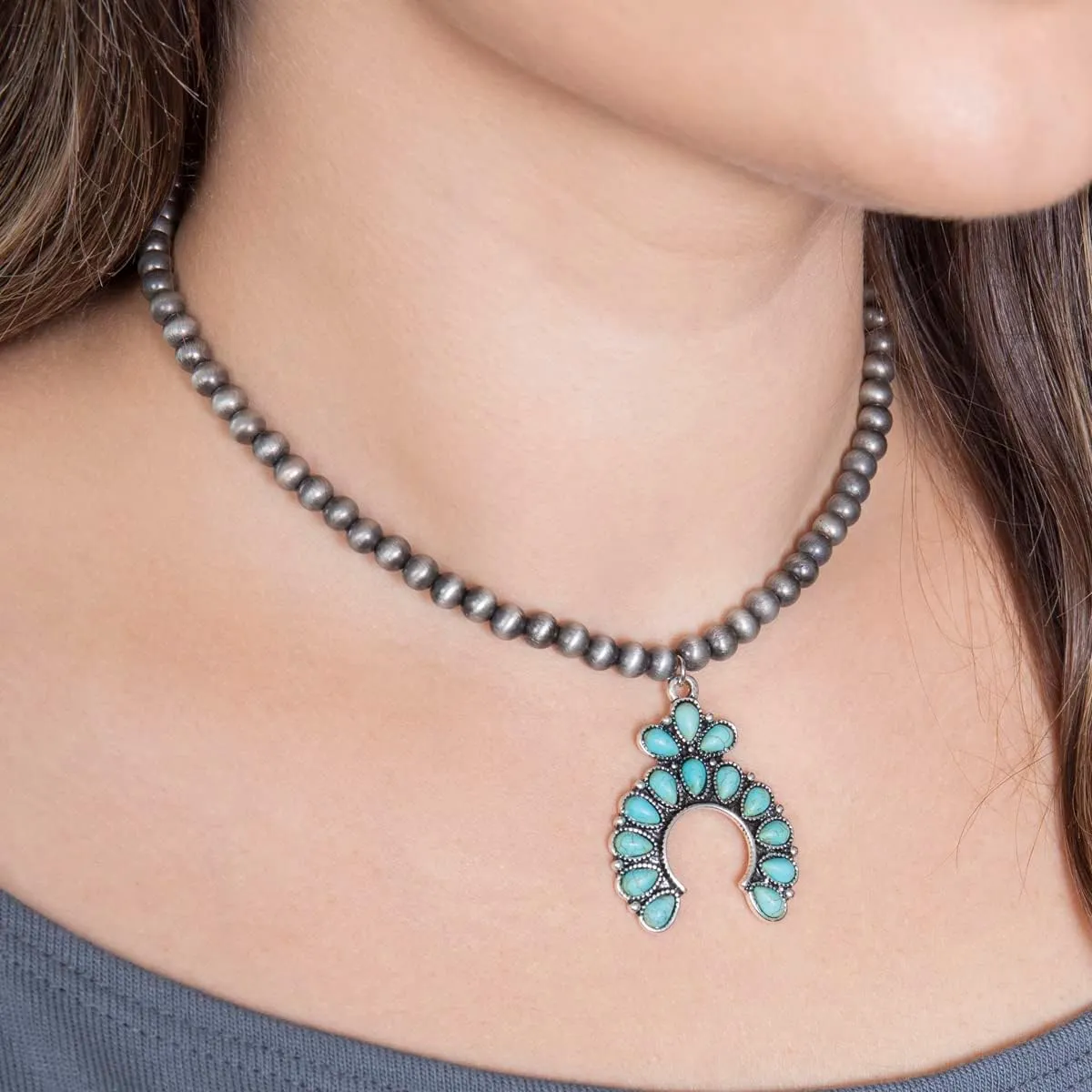 RIAH FASHION Bohemian Beaded Statement Necklace - Multilayered Natural Stone Mixed Beads, Western Concho Pendant