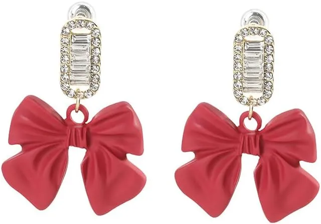 Ribbon Bow Dangle Earrings Rhinestone Matte Black Red Vintage Earrings Bow Tie Sparkly Party Sweet Wedding Bride Earrings