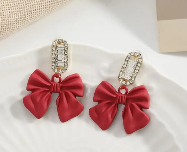 Ribbon Bow Dangle Earrings Rhinestone Matte Black Red Vintage Earrings Bow Tie Sparkly Party Sweet Wedding Bride Earrings