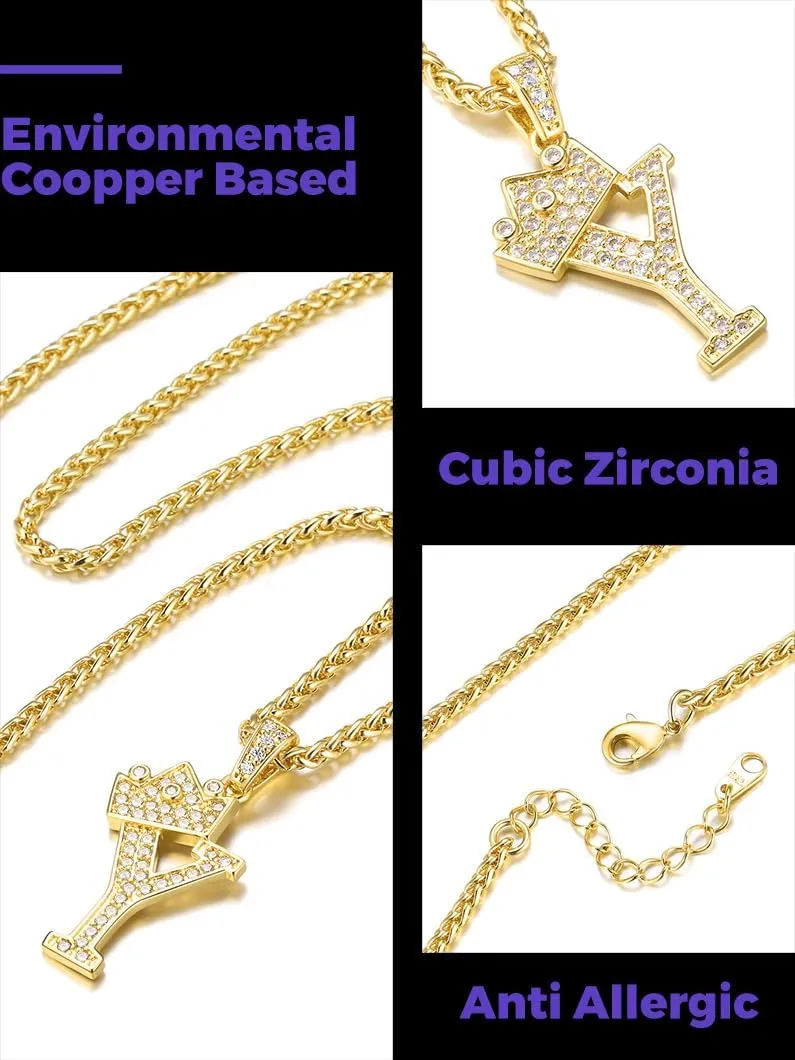 Richsteel Initial Necklace for Men A-Z 18K Gold Plated Crown Shiny Cubic Zirconia Monogram Pendant for Women Fashion Jewelry