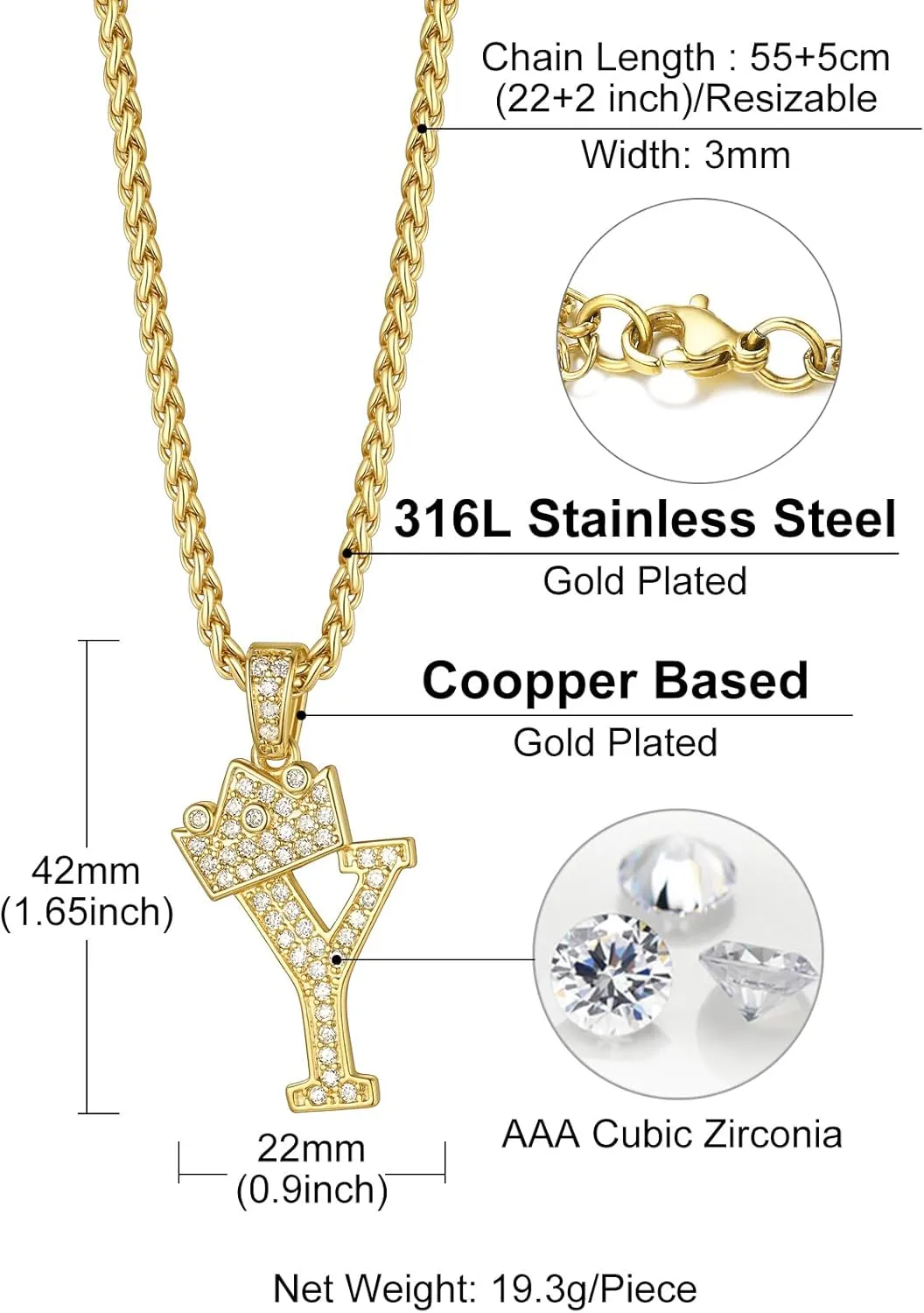 Richsteel Initial Necklace for Men A-Z 18K Gold Plated Crown Shiny Cubic Zirconia Monogram Pendant for Women Fashion Jewelry