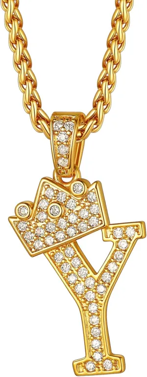 Richsteel Initial Necklace for Men A-Z 18K Gold Plated Crown Shiny Cubic Zirconia Monogram Pendant for Women Fashion Jewelry