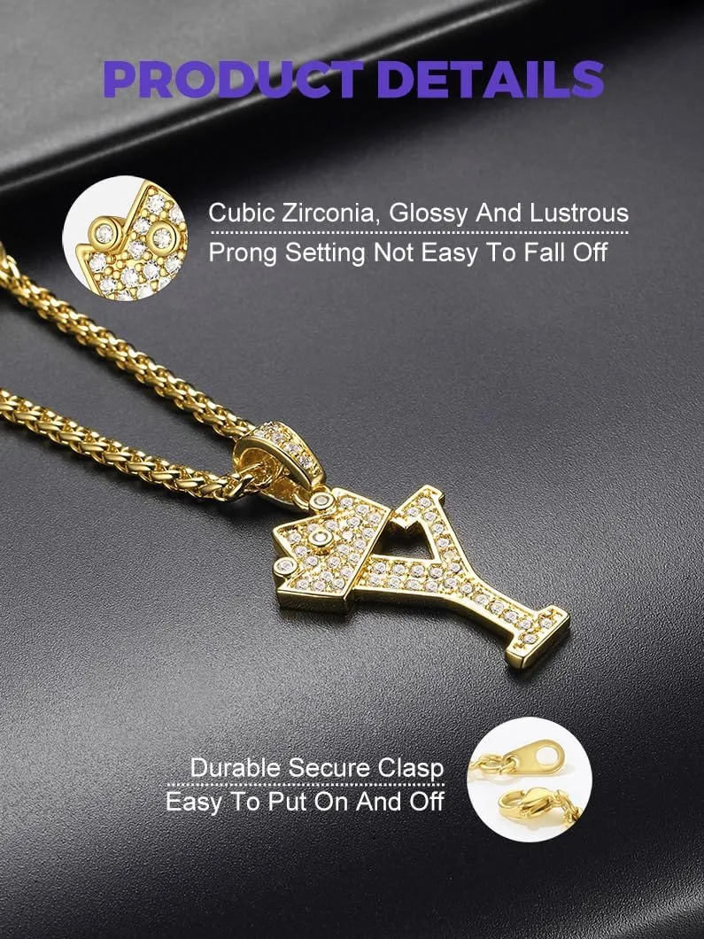 Richsteel Initial Necklace for Men A-Z 18K Gold Plated Crown Shiny Cubic Zirconia Monogram Pendant for Women Fashion Jewelry
