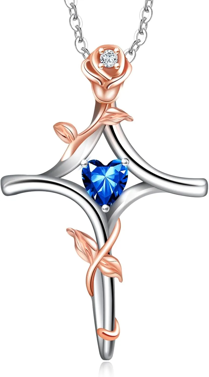 RIVIKO Rose Flower Cross Necklace for Women,925 Sterling Silver Birthstone Necklaces Heart Pendant,Cross Jewelry Anniversary Birthday Gifts for Women Wife Mom Lady