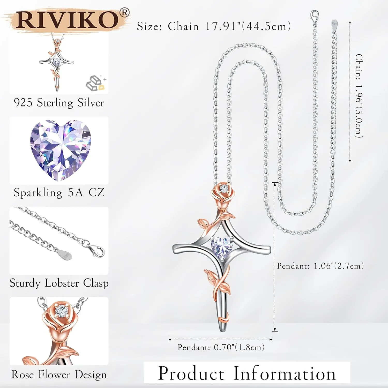RIVIKO Rose Flower Cross Necklace for Women,925 Sterling Silver Birthstone Necklaces Heart Pendant,Cross Jewelry Anniversary Birthday Gifts for Women Wife Mom Lady