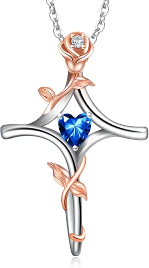 RIVIKO Rose Flower Cross Necklace for Women,925 Sterling Silver Birthstone Necklaces Heart Pendant,Cross Jewelry Anniversary Birthday Gifts for Women Wife Mom Lady