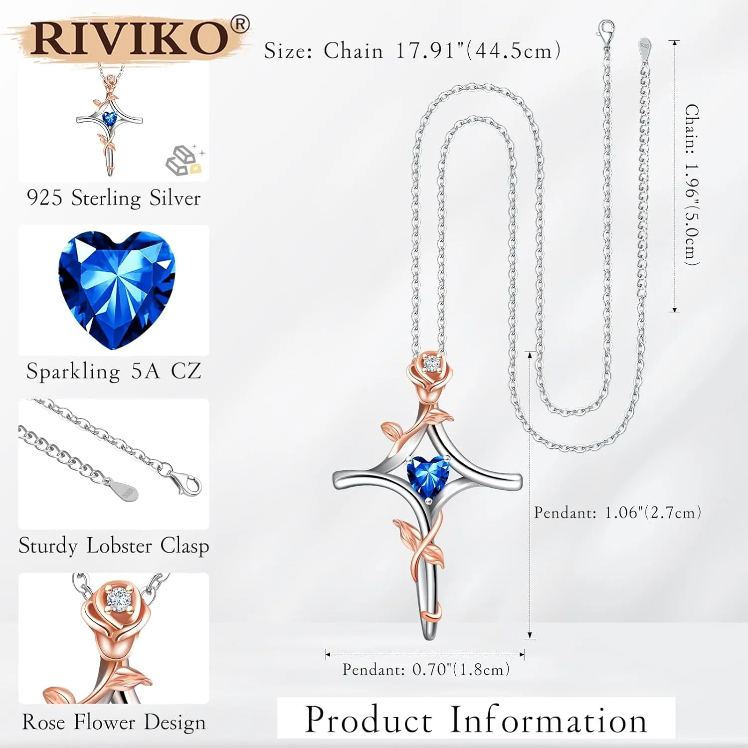 RIVIKO Rose Flower Cross Necklace for Women,925 Sterling Silver Birthstone Necklaces Heart Pendant,Cross Jewelry Anniversary Birthday Gifts for Women Wife Mom Lady