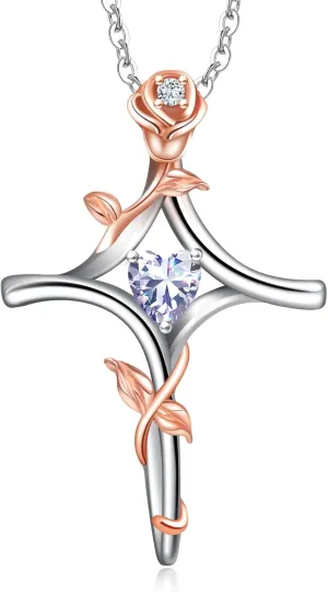 RIVIKO Rose Flower Cross Necklace for Women,925 Sterling Silver Birthstone Necklaces Heart Pendant,Cross Jewelry Anniversary Birthday Gifts for Women Wife Mom Lady