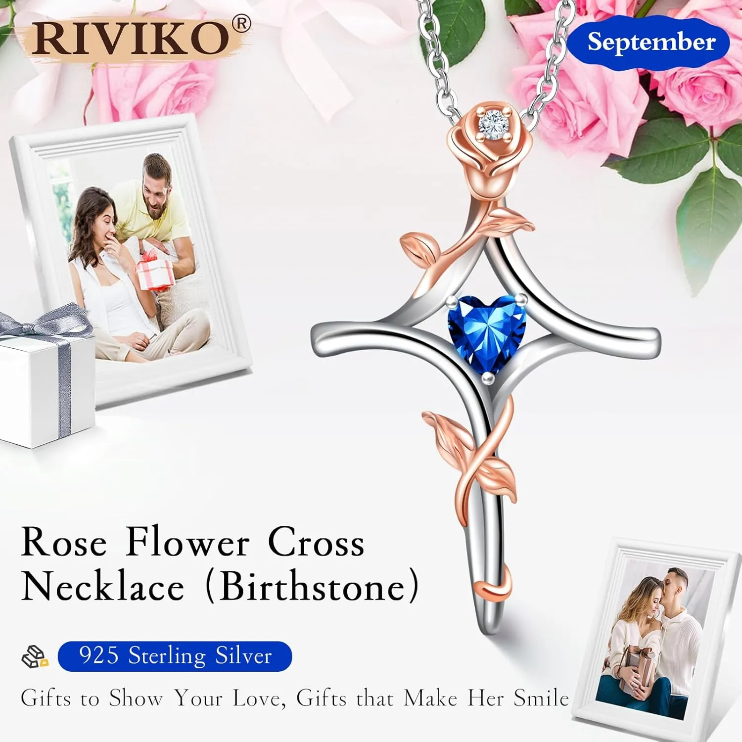 RIVIKO Rose Flower Cross Necklace for Women,925 Sterling Silver Birthstone Necklaces Heart Pendant,Cross Jewelry Anniversary Birthday Gifts for Women Wife Mom Lady