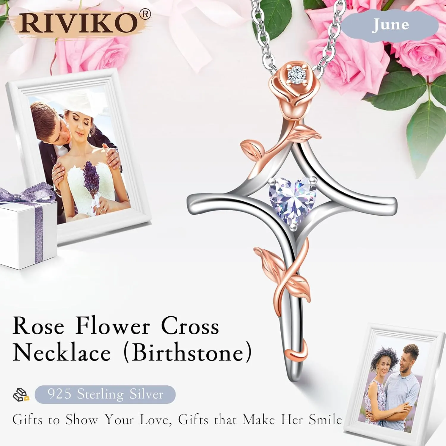 RIVIKO Rose Flower Cross Necklace for Women,925 Sterling Silver Birthstone Necklaces Heart Pendant,Cross Jewelry Anniversary Birthday Gifts for Women Wife Mom Lady
