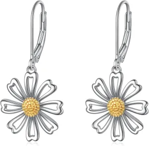Rnivida 925 Sterling Silver Daisy Earrings for Women,Hypoallergenic Leverback Drop Dangle Earrings Flower Jewelry Gifts for Sensitive Ears