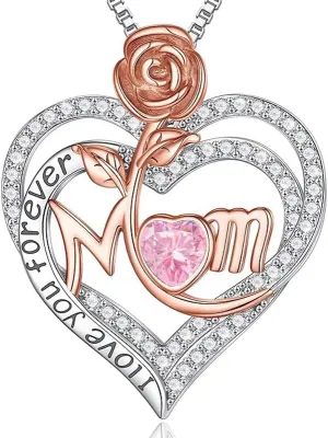 Rose Birthstone Gifts for Mom, S925 Sterling Silver Rose Heart Pendant Birthstone Necklace Mothers Day Valentines Day Christmas Birthday Jewelry Gifts for Mom