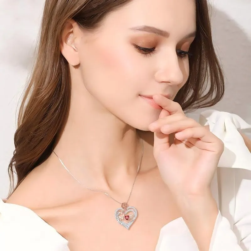 Rose Birthstone Gifts for Mom, S925 Sterling Silver Rose Heart Pendant Birthstone Necklace Mothers Day Valentines Day Christmas Birthday Jewelry Gifts for Mom
