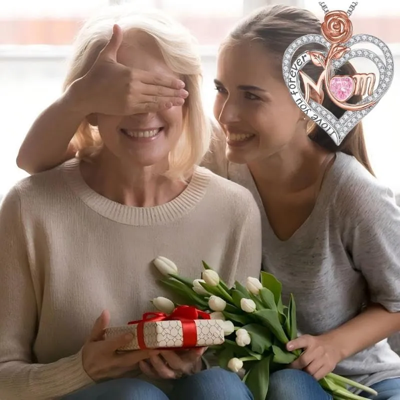 Rose Birthstone Gifts for Mom, S925 Sterling Silver Rose Heart Pendant Birthstone Necklace Mothers Day Valentines Day Christmas Birthday Jewelry Gifts for Mom
