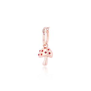 Rose gold coloured/red hoop earring with a mushroom charm