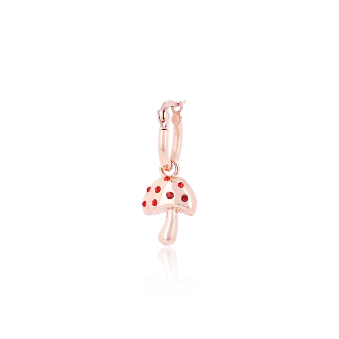 Rose gold coloured/red hoop earring with a mushroom charm