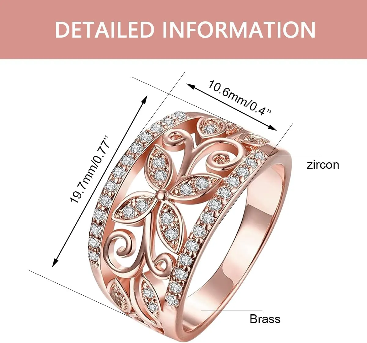Rose Gold Plated Wide Hollow Flower Butterfly Anniversary Cocktail Statement Rings for Women CR098