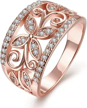 Rose Gold Plated Wide Hollow Flower Butterfly Anniversary Cocktail Statement Rings for Women CR098