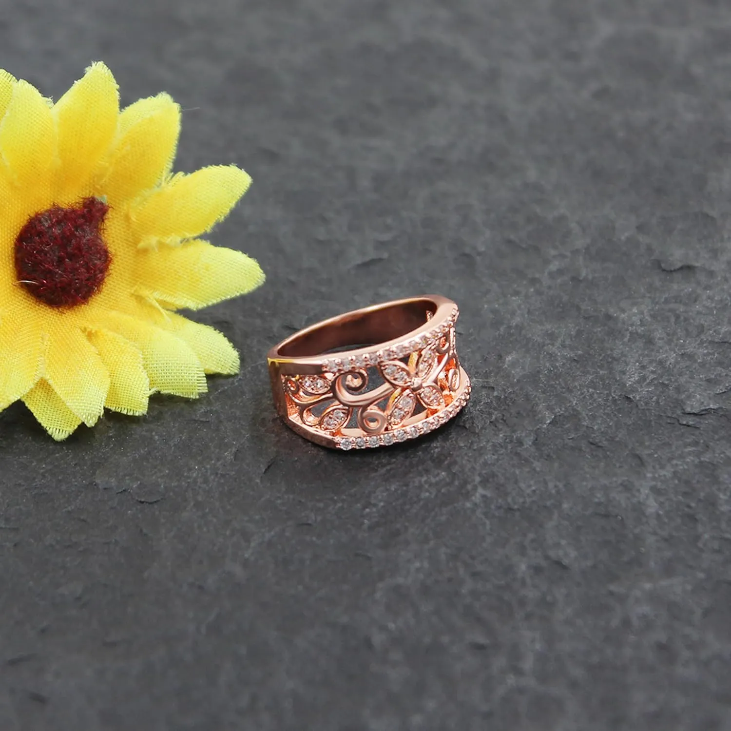 Rose Gold Plated Wide Hollow Flower Butterfly Anniversary Cocktail Statement Rings for Women CR098