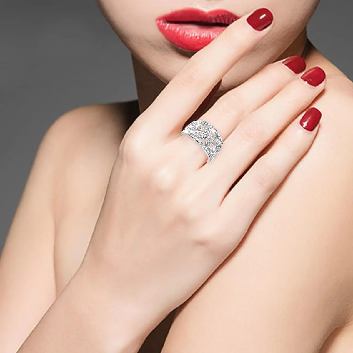 Rose Gold Plated Wide Hollow Flower Butterfly Anniversary Cocktail Statement Rings for Women CR098