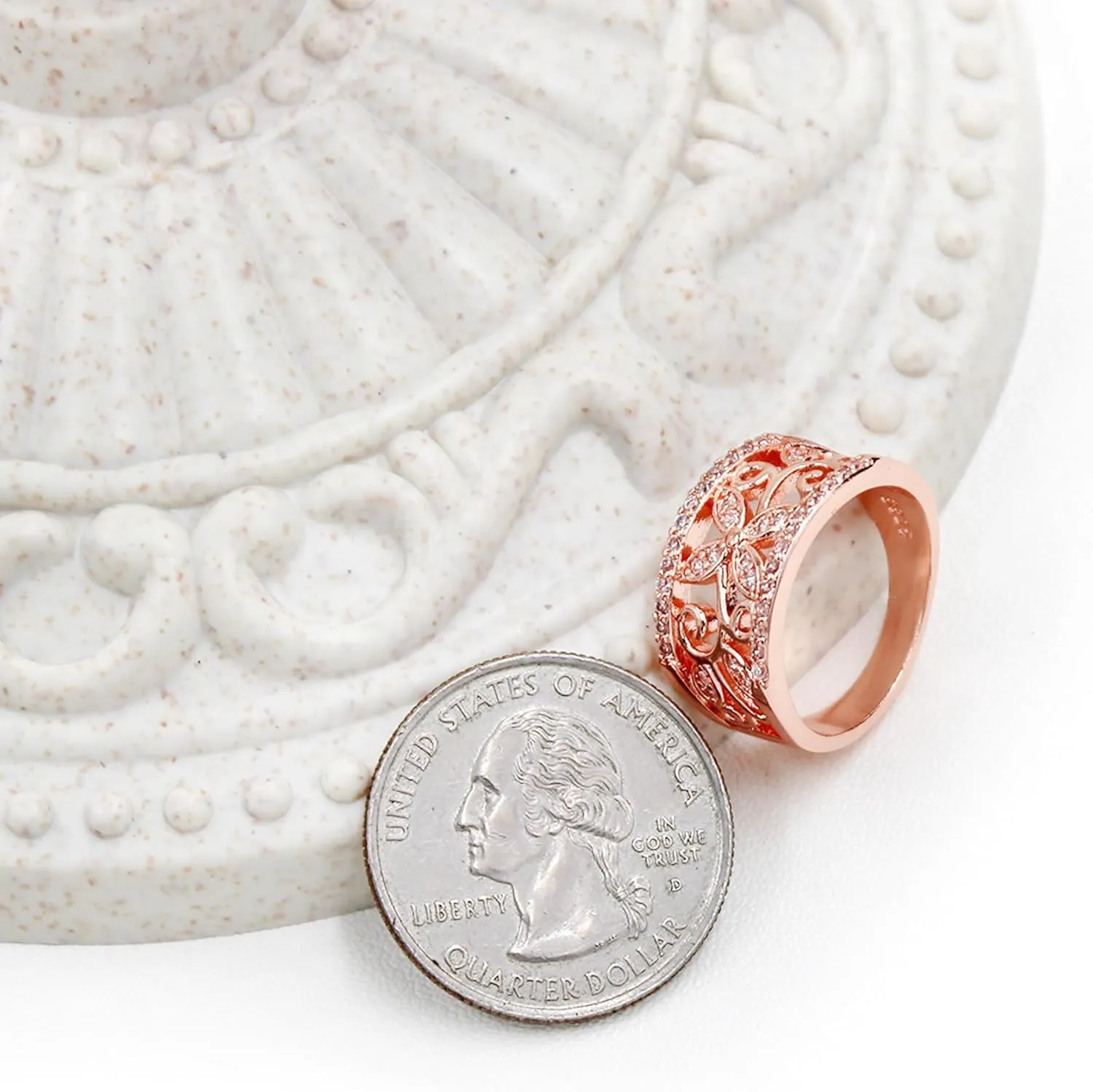 Rose Gold Plated Wide Hollow Flower Butterfly Anniversary Cocktail Statement Rings for Women CR098