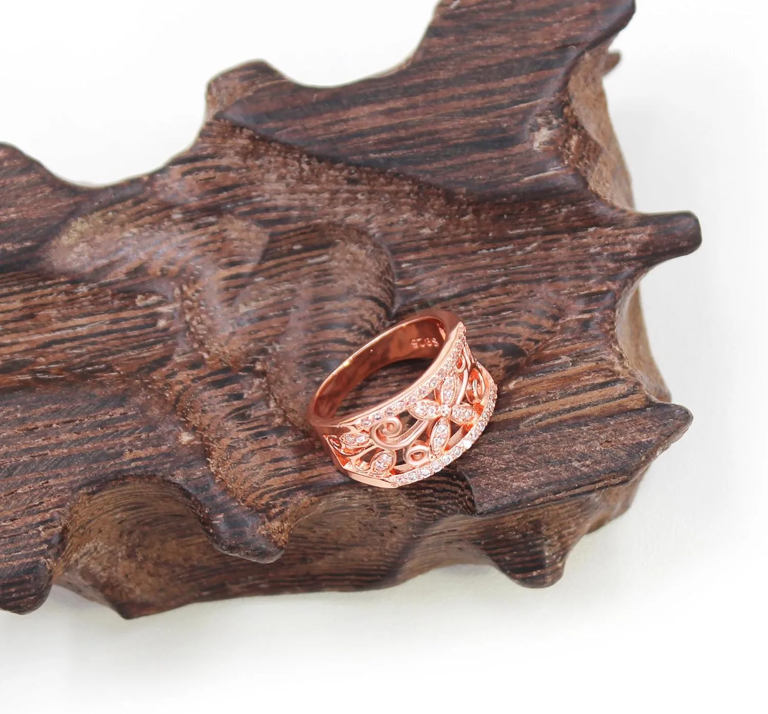 Rose Gold Plated Wide Hollow Flower Butterfly Anniversary Cocktail Statement Rings for Women CR098
