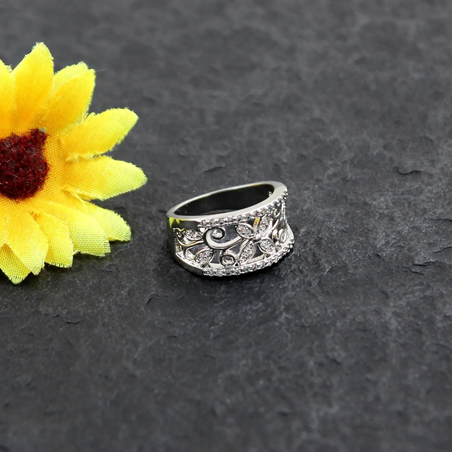 Rose Gold Plated Wide Hollow Flower Butterfly Anniversary Cocktail Statement Rings for Women CR098