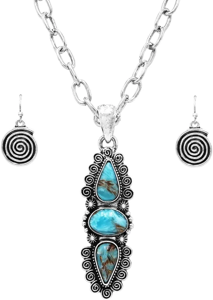 Rosemarie & Jubalee Womens Cowgirl Glamour Western Style Turquoise Natural Howlite Stone Statement Necklace Earrings Gift Set, 24" 3" Extender