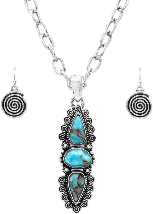Rosemarie & Jubalee Womens Cowgirl Glamour Western Style Turquoise Natural Howlite Stone Statement Necklace Earrings Gift Set, 24" 3" Extender