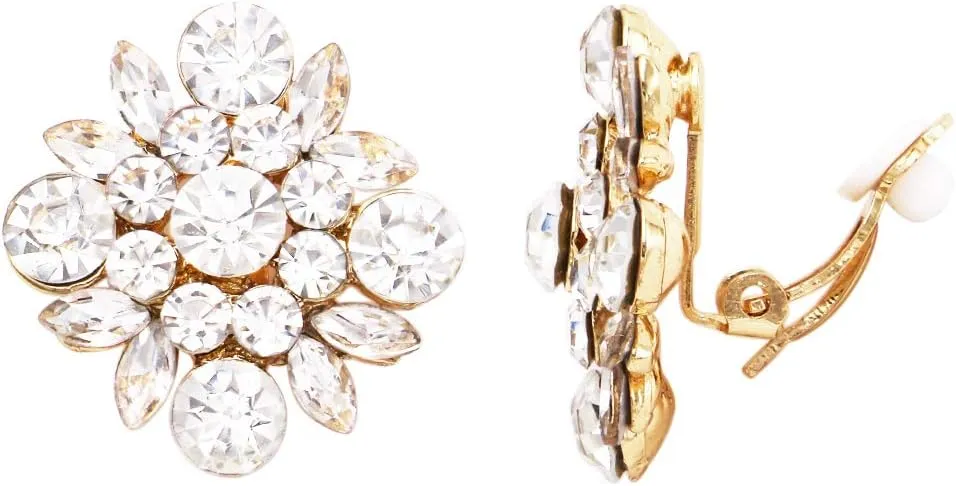 Rosemarie & Jubalee Women's Dazzling Crystal Rhinestone Flower Burst Clip On Earrings, 1"