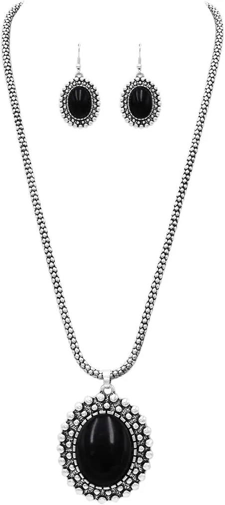 Rosemarie & Jubalee Women's Western Style Silver Tone Concho Medallion with Natural Howlite Necklace Earrings Set, 26" 3" Extension