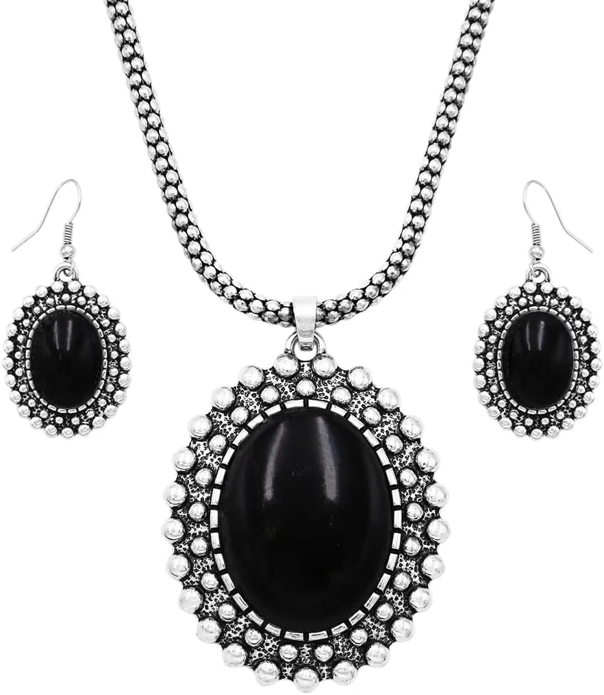 Rosemarie & Jubalee Women's Western Style Silver Tone Concho Medallion with Natural Howlite Necklace Earrings Set, 26" 3" Extension