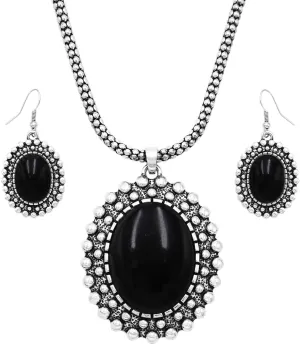 Rosemarie & Jubalee Women's Western Style Silver Tone Concho Medallion with Natural Howlite Necklace Earrings Set, 26" 3" Extension