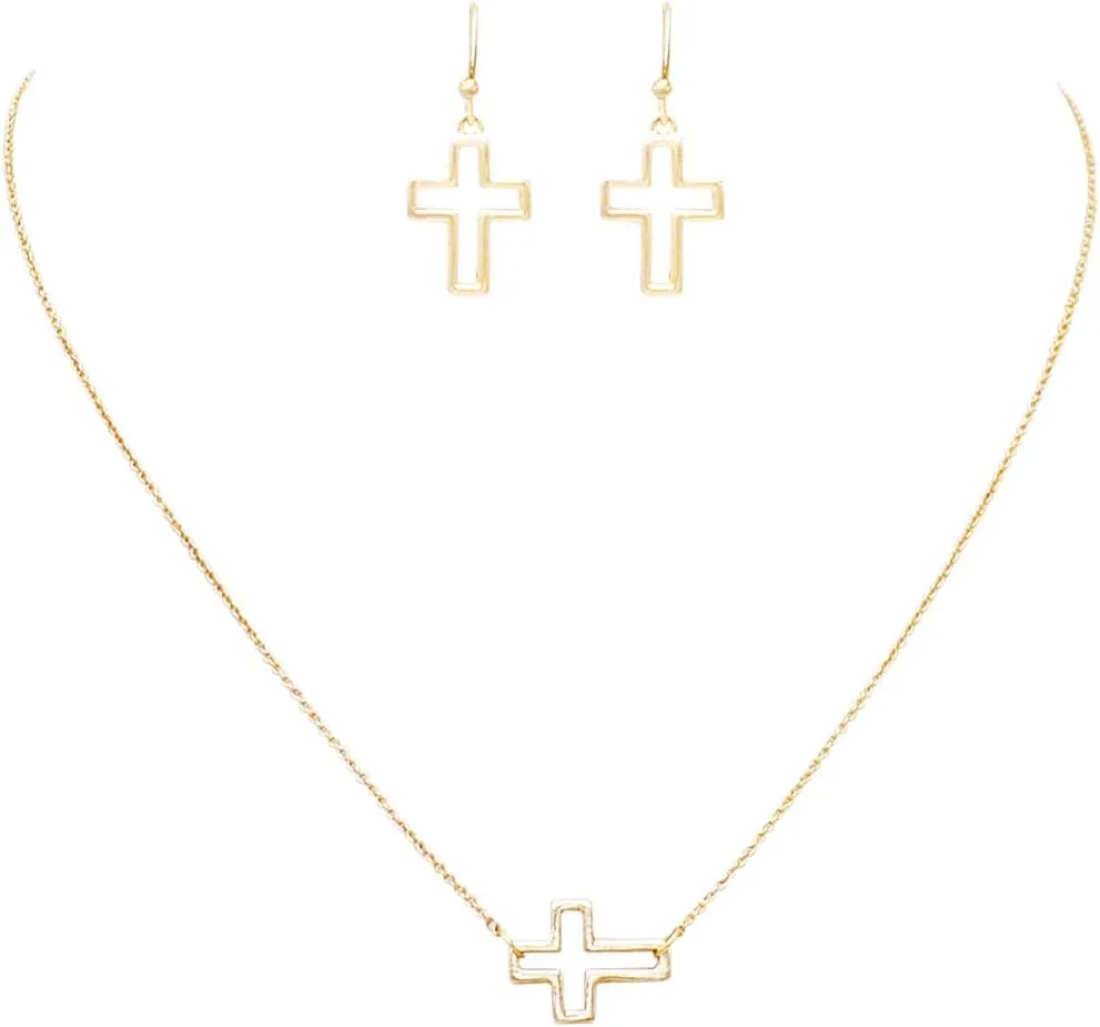 Rosemarie Collections Women's Religious Sideways Christian Cross Outlined Necklace With Earrings Easter Gift Set, 16" 3" Extender
