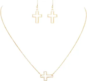 Rosemarie Collections Women's Religious Sideways Christian Cross Outlined Necklace With Earrings Easter Gift Set, 16" 3" Extender