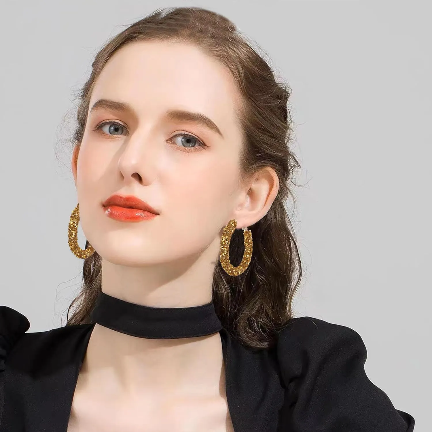 Round Circle Glitter Hoop Earrings Bohemian Sparkle Resin Rhinestone Wrapped Drop Dangle Earrings Jewelry for Women