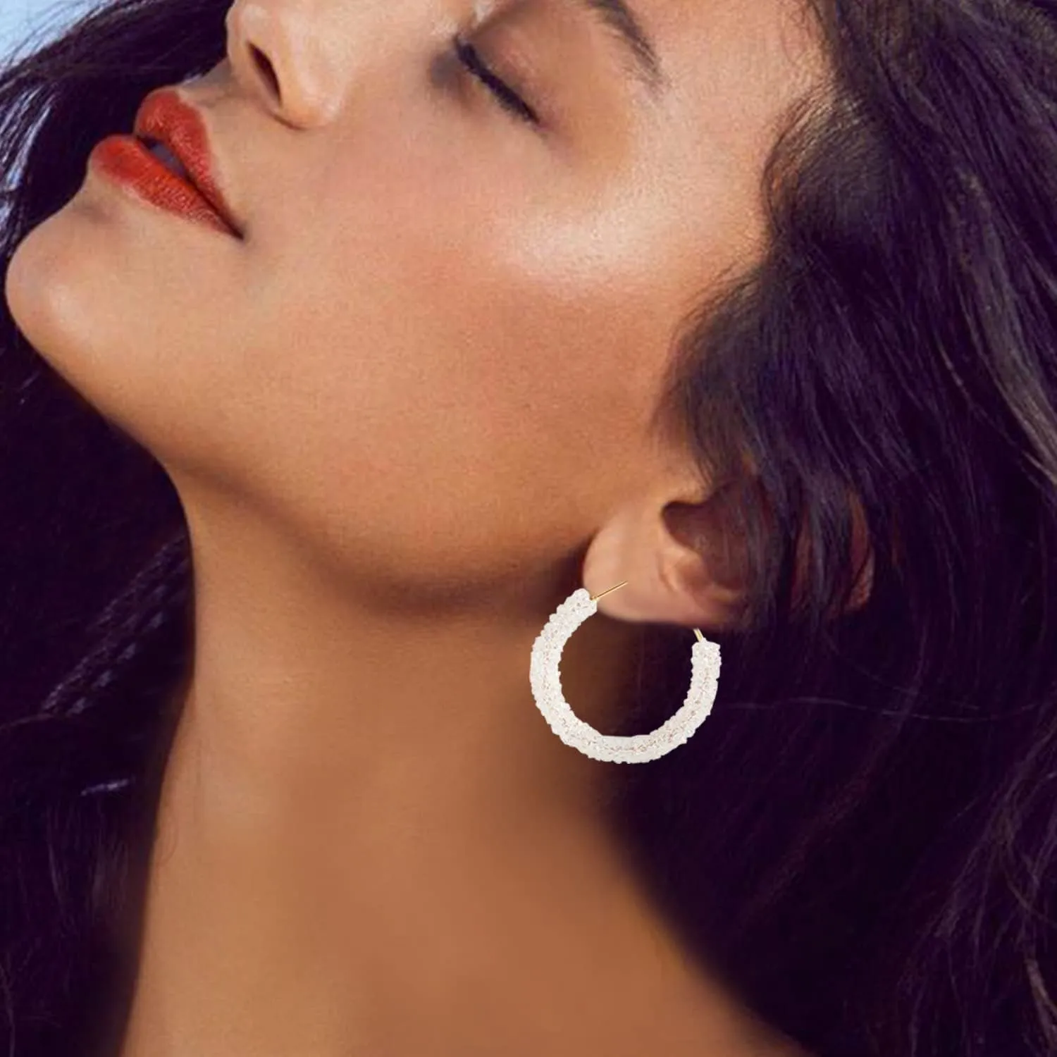 Round Circle Glitter Hoop Earrings Bohemian Sparkle Resin Rhinestone Wrapped Drop Dangle Earrings Jewelry for Women