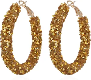 Round Circle Glitter Hoop Earrings Bohemian Sparkle Resin Rhinestone Wrapped Drop Dangle Earrings Jewelry for Women