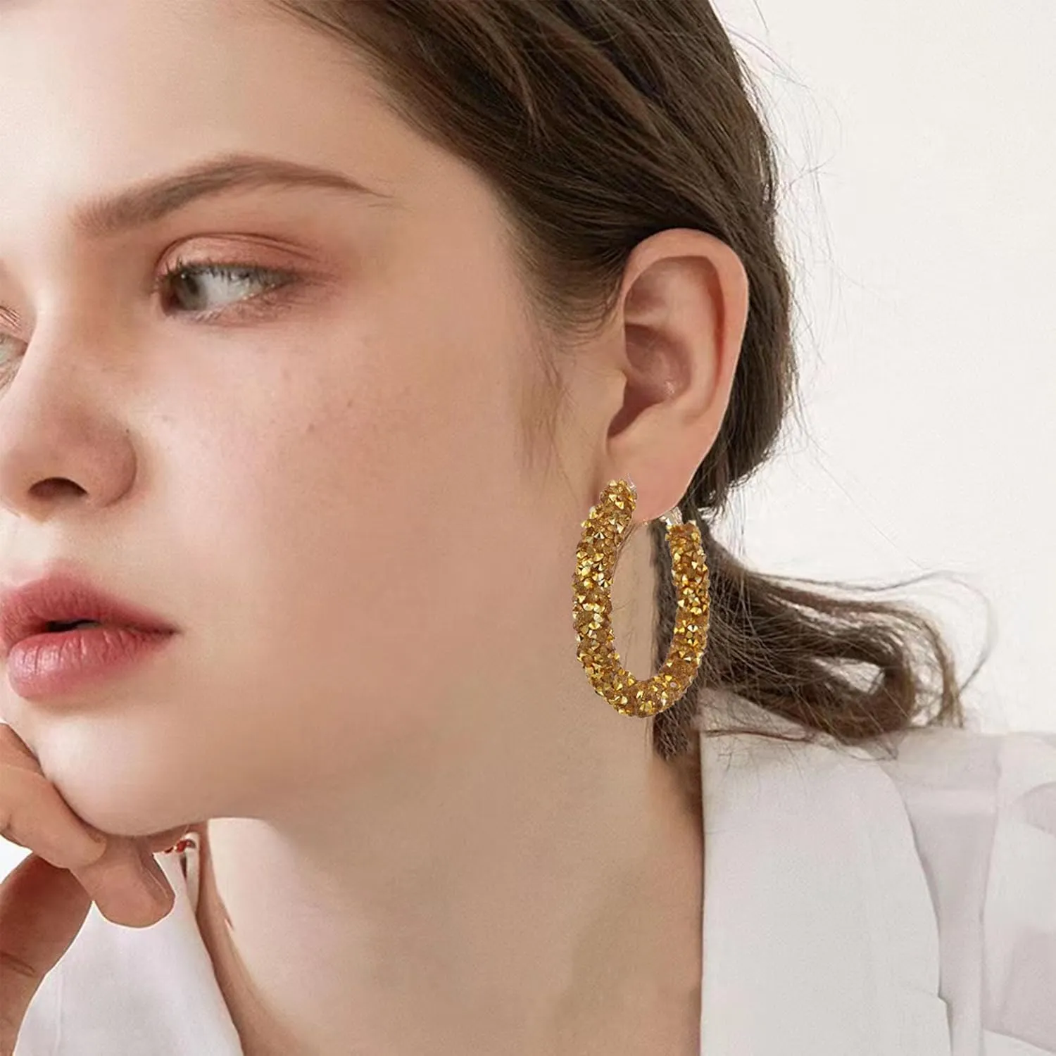 Round Circle Glitter Hoop Earrings Bohemian Sparkle Resin Rhinestone Wrapped Drop Dangle Earrings Jewelry for Women