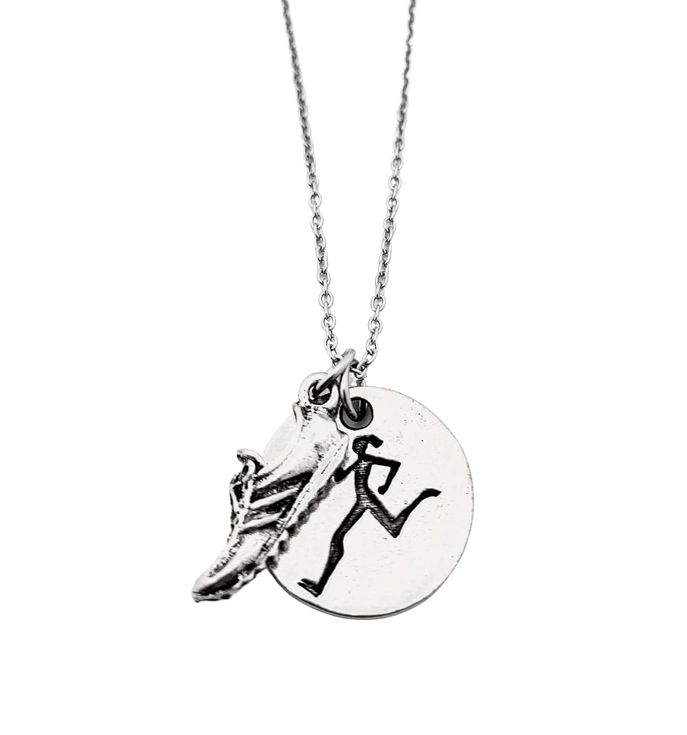 Runner Girl Running Shoe Necklace - Pewter Running Shoe Charm and Pewter Round Runner Girl Pendant on 18 inch Stainless Steel Chain
