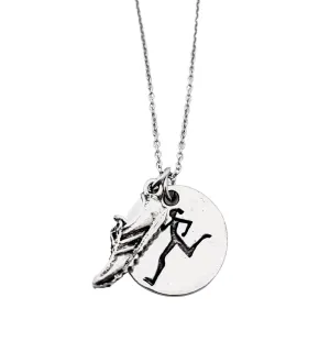 Runner Girl Running Shoe Necklace - Pewter Running Shoe Charm and Pewter Round Runner Girl Pendant on 18 inch Stainless Steel Chain