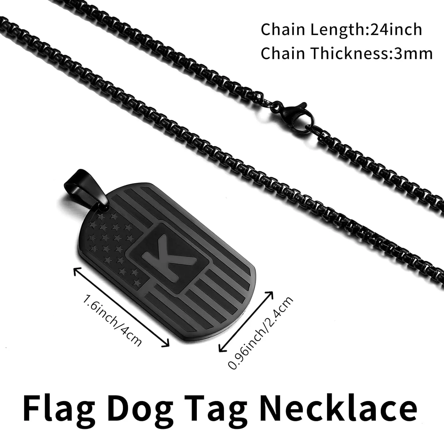 RWQIAN American Flag Initial Dog Tag Necklace for Men Boys, Stainless Steel Letter A-Z with 24 Inch Chain Military Pendant Jewelry Gift for Valentine's Birthday Christmas Anniversary Fathers Day