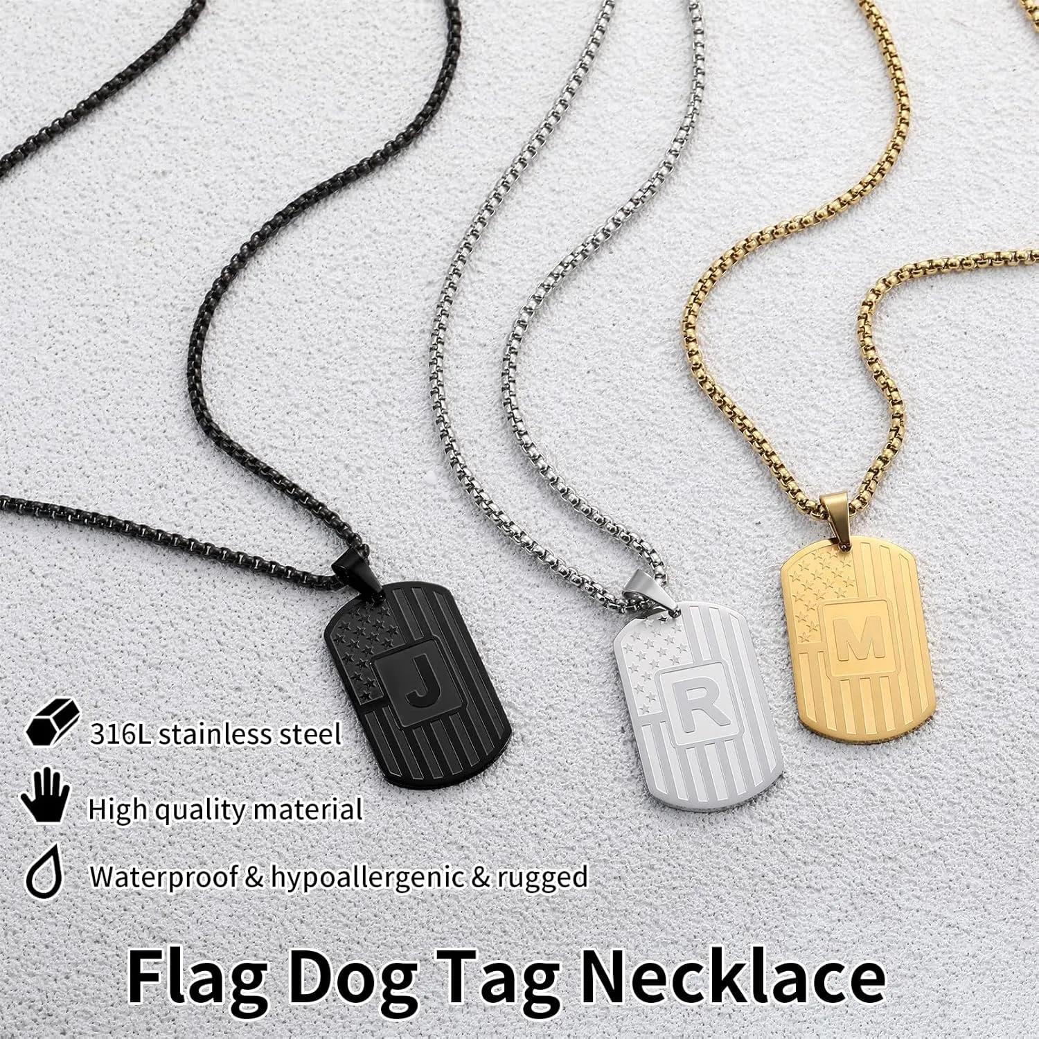 RWQIAN American Flag Initial Dog Tag Necklace for Men Boys, Stainless Steel Letter A-Z with 24 Inch Chain Military Pendant Jewelry Gift for Valentine's Birthday Christmas Anniversary Fathers Day