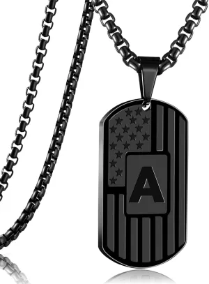 RWQIAN American Flag Initial Dog Tag Necklace for Men Boys, Stainless Steel Letter A-Z with 24 Inch Chain Military Pendant Jewelry Gift for Valentine's Birthday Christmas Anniversary Fathers Day