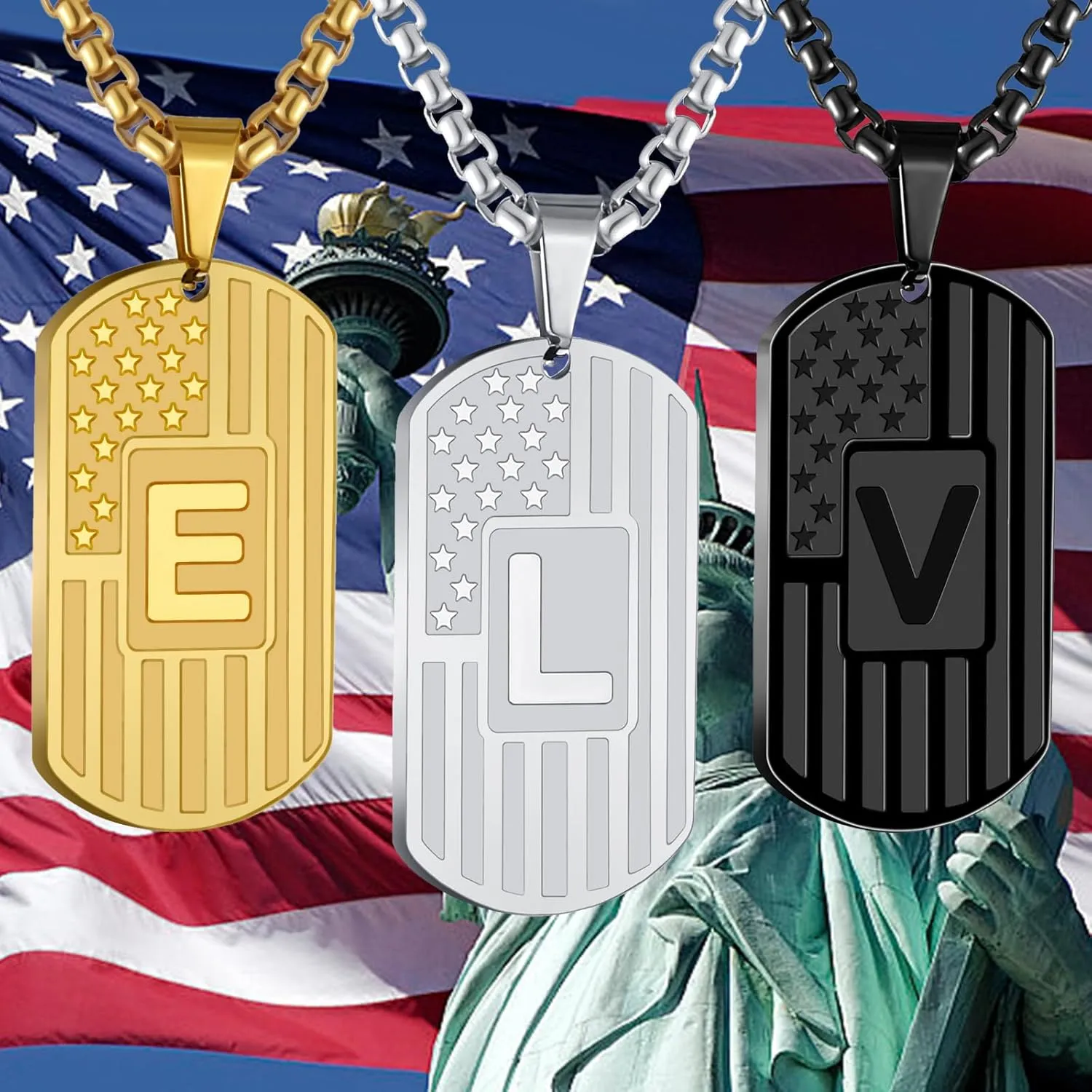 RWQIAN American Flag Initial Dog Tag Necklace for Men Boys, Stainless Steel Letter A-Z with 24 Inch Chain Military Pendant Jewelry Gift for Valentine's Birthday Christmas Anniversary Fathers Day