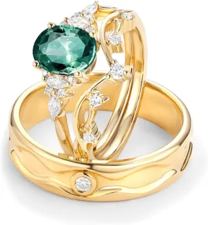 S925/10K/14K/18K Gold Couple Rings Set, 2CT Oval Green Sapphire & Moissanite Ring Set for Couples, Matching His & Hers Lab-Created Gemstones, Anniversary Wedding Bands with Free Engraving