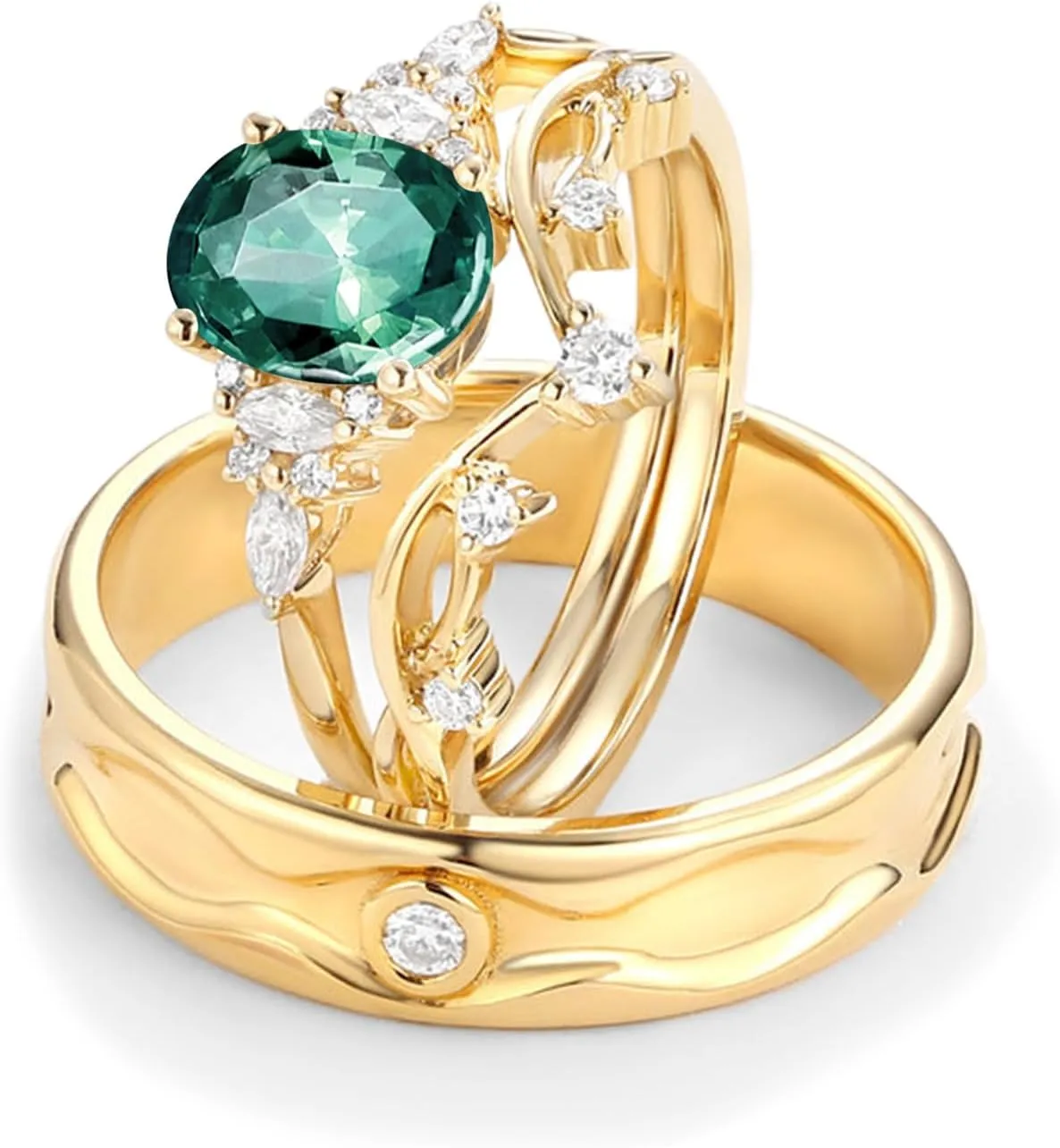 S925/10K/14K/18K Gold Couple Rings Set, 2CT Oval Green Sapphire & Moissanite Ring Set for Couples, Matching His & Hers Lab-Created Gemstones, Anniversary Wedding Bands with Free Engraving